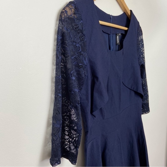Miusol dress navy blue lace 3/4 sleeves stretchy A-Line midi small fit & flare - Picture 6 of 16